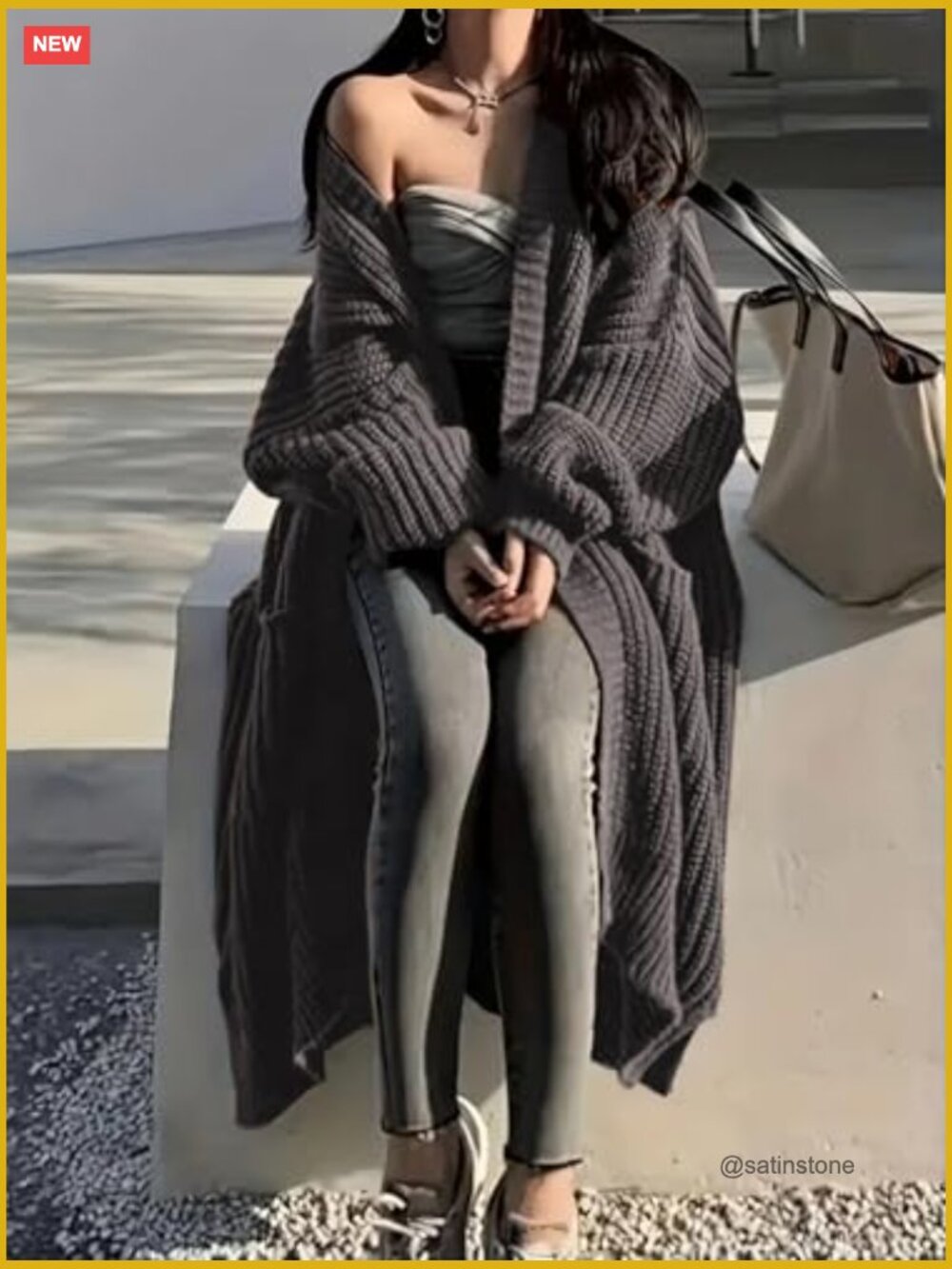 Open Front Long Cardigan Sweater with Pockets Oversized Duster Knit Coat - Picture 2 of 7